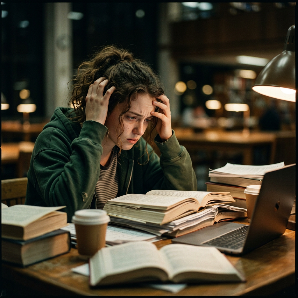 Stressed young woman with burning out syndrome, studying with books, laptop, and coffee in a library at night